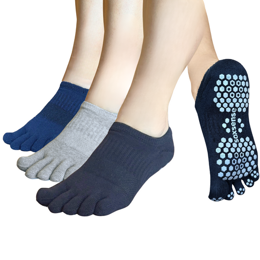 3 pairs of pilates grip toe socks in navy, grey, and black