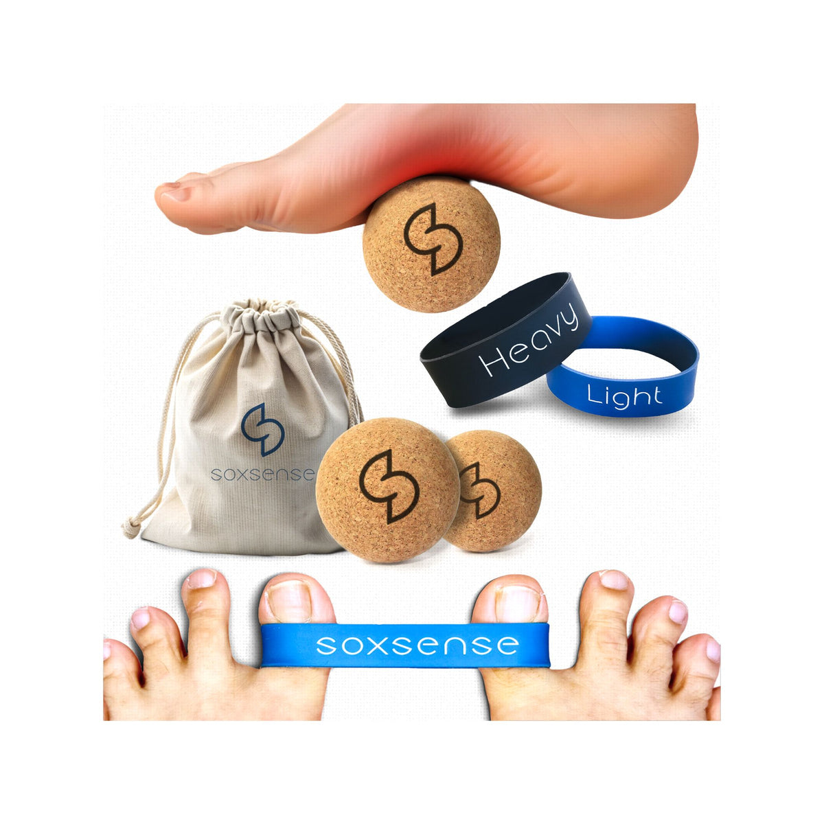 Cork Foot Massage Ball  and Toe Stretching Bands Set